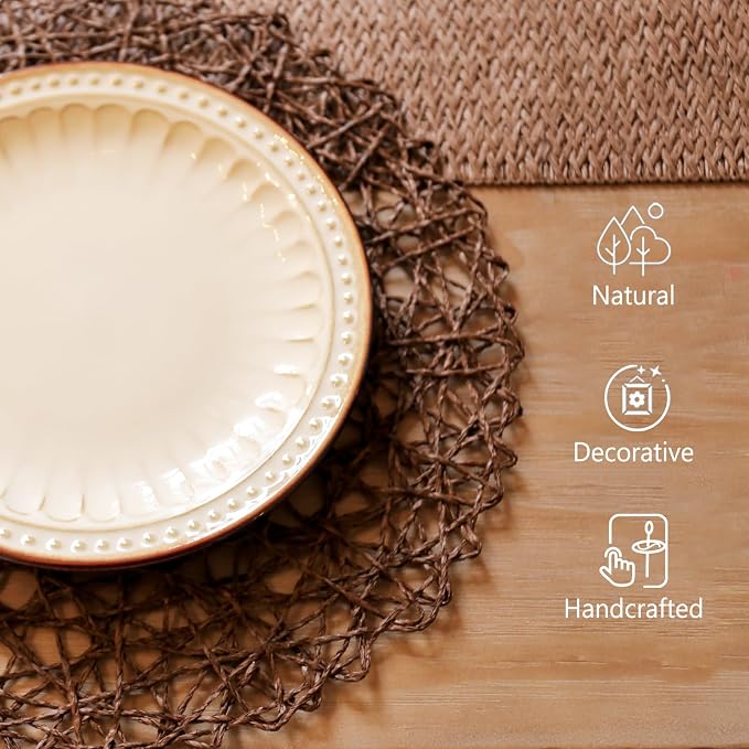 AHHFSMEI Paper Braided Round Placemats Set of 6 Natural Non-Slip Heat Resistant Table Mats for Dining Tables Woven Indoor & Outdoor Place mats(Coffee)
