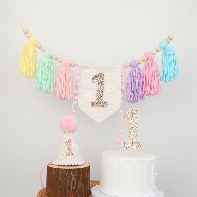 JUIIZAY Pastel First Birthday Decorations for Girl 1st High Chair Banner