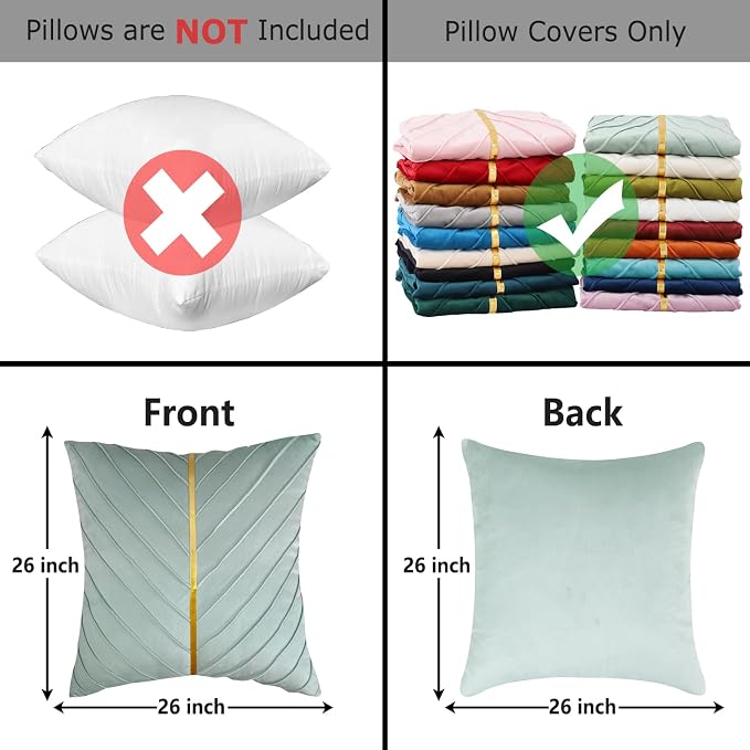 Velvet Throw Pillow Covers 26x26 Pack of 2 Gold Decor Mint Green