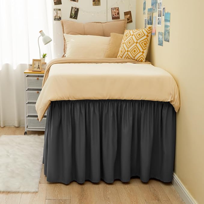 Dorm Bed Skirt Twin XL 32" Drop, College Dorm Room Essentials, Dark Grey | Solid ruffled, Wrap-around/elastic, Wrinkle & Fade resistant, with Adhesive Strips, Gift Packed, Machine Wash/Tumble Dry/Iron
