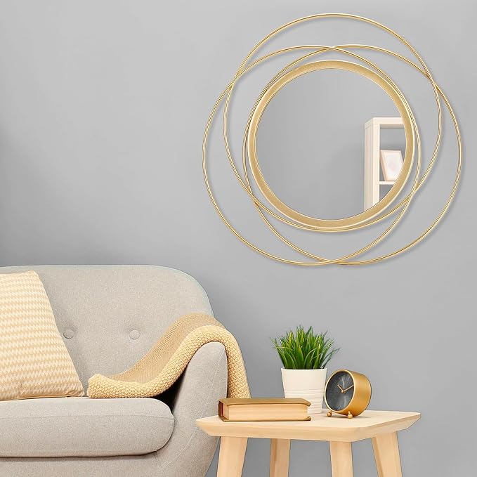Wall Mirror Mounted Gold Large Round Decorative Mirrors, Circle Metal Art Mirror Home for Bathroom Vanity, Living Room or Bedroom 24" x 24"