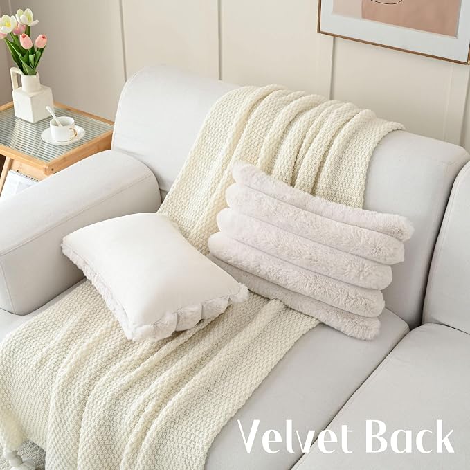 HAUSSY 2 Pack Lumbar Pillow Covers 12x20 Inch, Faux Fur Decorative Couch Throw Pillows Soft Striped Plush Cushion Covers Home Decor Cute Furry Pillowcase for Living Room Sofa Bed, Beige (Covers Only)