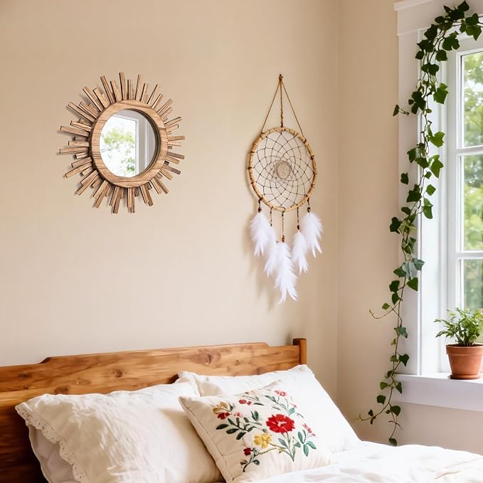 12 Inch Boho Sunburst Mirror, Round Wooden Wall Decor Starburst Sun Mirror for Bedroom, Living Room, Bathroom, Hallway, Balcony, Farmhouse Entryway, Housewarming Gift（Rustic Brown