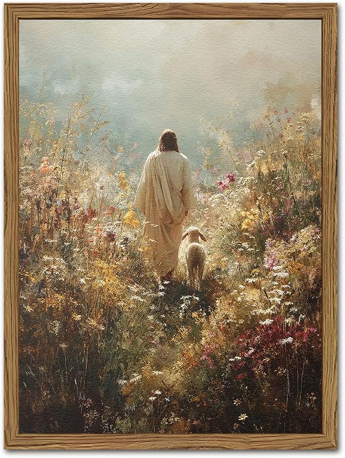 Jesus Leaves the 99 Sheep Wall Art Jesus and Lamb Wall Decor Pictures Christian Religious 3D Hand Drawn Sandstone Poster Painting Prints for Bedroom Living Prayer Room 16x24 inch Wood Framed
