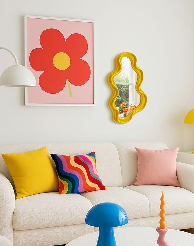 Trendy Bedroom Small Wall Mirror Decor,Yellow-Orange Funky Mirrors | 16x10",Soft Velvet-like Touch,Cloud Mirror for Girl Teen Women Bedroom Decoration,Cute Hanging Accent for Nursery Gallery