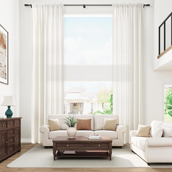 Extra Long Linen Curtains 216 Inches Long for Living Room Natural Cream Semi Sheer Curtain Rod Pocket 2 Panels Set Boho Farmhouse Light Filtering Window Drapes for Bedroom Beige Ivory 52x216