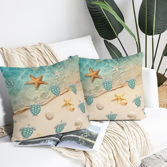 Sea Turtles Beach Throw Pillow Covers Set of 2, Teal Nautical Decorative Pillow Cases, Nautical Teal Living Room Decor, Cute Outdoor Cushion Covers for Sofa Bed Couch Chair 18x18