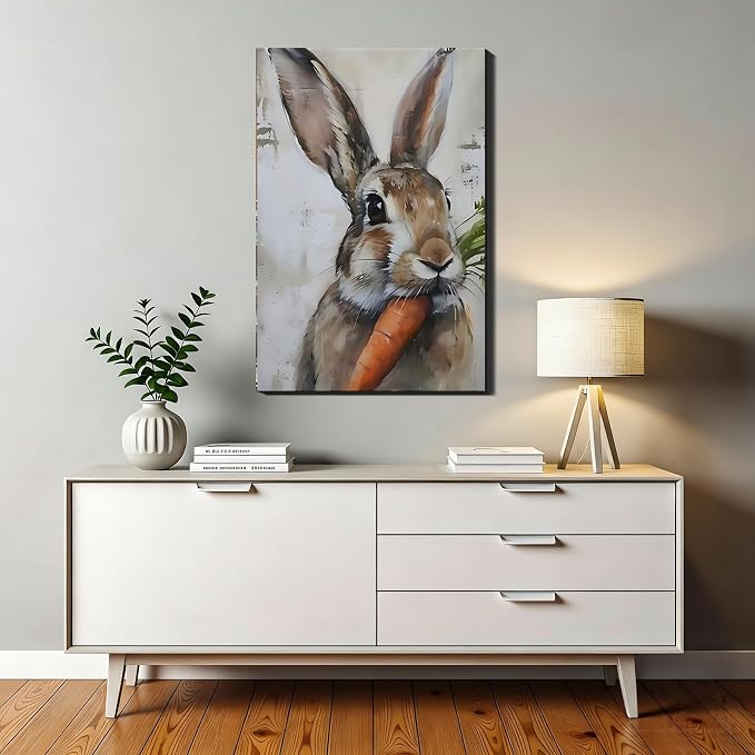 Rabbit Eating Carrot Framed Canvas Wall Art, Vintage Bunny Portrait Canvas Prints, Easter Rabbit Artwork for Living Room, Animal Painting Bedroom Office Bathroom Wall Decor