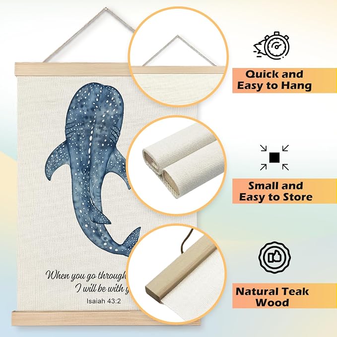 JINYO Whale Shark Christian Wall Art Poster, Bible Verses Wall Decor, Isaiah 43:2 Bible Scripture Canvas Prints Wall Decor for Bedroom Living Room Home Office Church, 16x24 Inches
