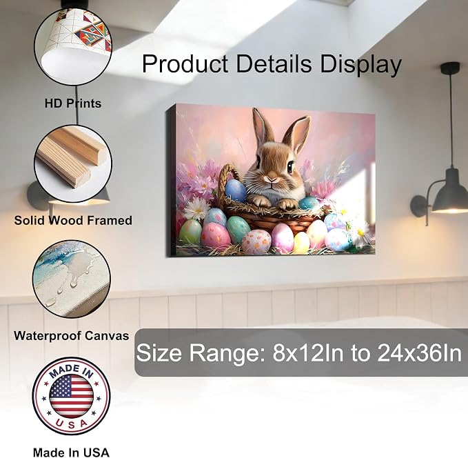 Vivid Easter Bunny Eggs Framed Canvas Wall Art for Bedroom, Colorful Easter Canvas Prints Pictures Wall Decor for Home, Kitchen, Office, Bar Artistic Wall Decorations, Ready to Hang