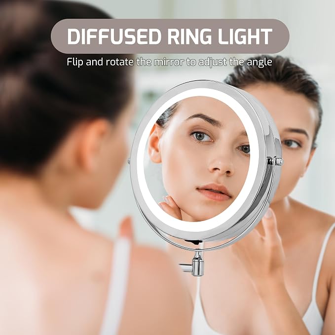 OVENTE 9" Wall Mounted Lighted Makeup Mirror, Polished Chrome MFW85CH1X10X | Cordless Double Sided 1X/10X Magnifying Mirror for Bathroom with LED Lights, 360° Rotation, Extendable Arm, Battery Operated
