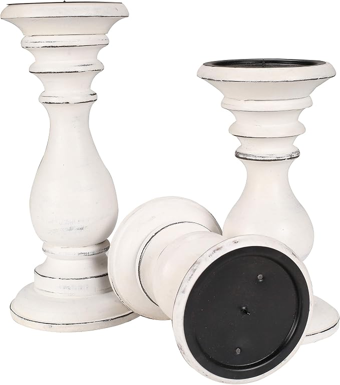 Decorative Wooden Candle Holders Set of 3, White Antique Mango Wood Pillar Candle Stands for Farmhouse Home Décor, Rustic Table Centerpiece for Wedding, Dining Table & Living Room, 10", 8" & 6" Tall