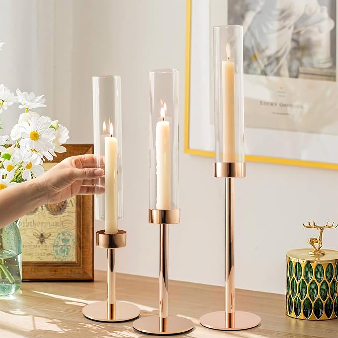 Gold Hurricane Candle Holders, Set of 6 Glass Taper Candlestick Holders Metal Candle Stands Bulk with Glass Cover for Dining Tables Wedding Candelabra Centerpieces Decor