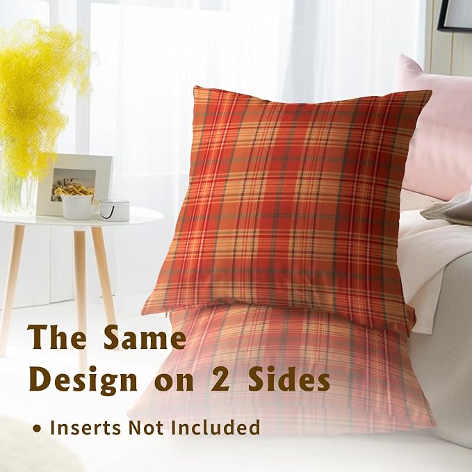 Fall Plaid Throw Pillow Covers 24x24inch Set of 2 Burnt Orange Buffalo Plaid Print Pillowcase Autumn Colored Tartan Thanksgiving Farmhouse Seasonal Decorative Cushion Cases for Home Sofa Patio