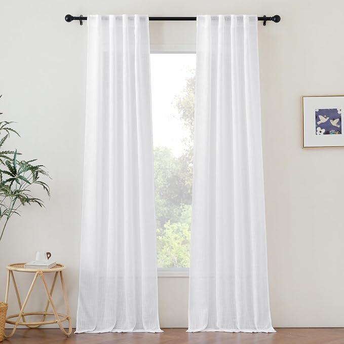 NICETOWN White Semi Sheer 90 inch Curtains for Bedroom, Rod Pocket & Back Tab Window Treatments Privacy with Light Filtering Drapes for Bedroom/Living Room, 2 Panels, W34 x L90