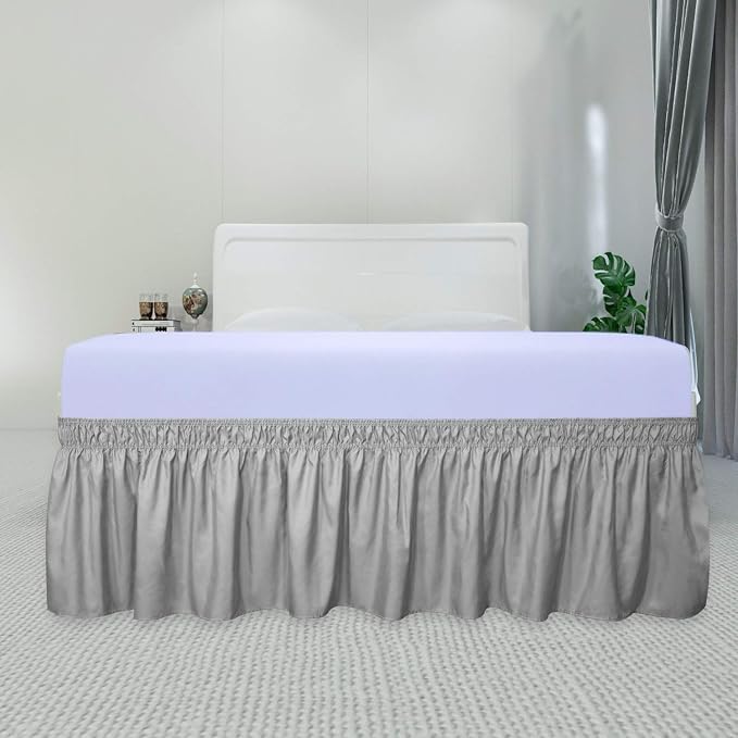 PureFit Wrap Around Ruffled Bed Skirt, Light Gray, Twin/Full - 18" Drop | Wrinkle Free Bedskirt Dust Ruffles, Easy to Put On Frame Cover with Adjustable Elastic Belt