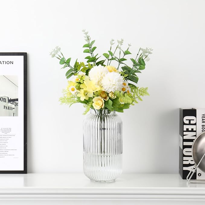 Ribbed Glass Vase, Clear Flower Vase for Bouquet, Glass Vases for Flowers, Modern Vases for Living Room, Bedroom, Kitchen, Dining Table, Office, Wedding, 8.6 Inches