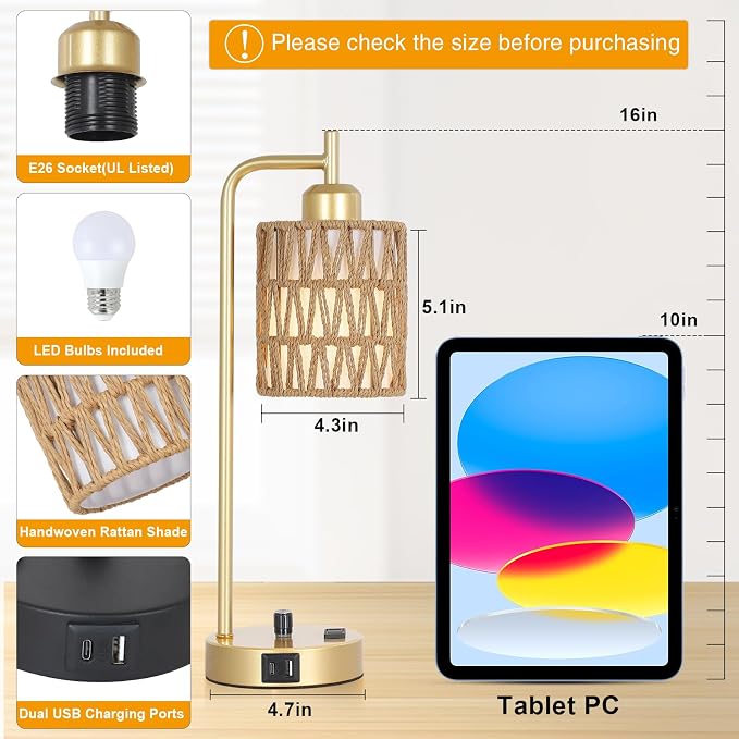 Gold Lamp for Bedroom, Boho Rattan Table Lamps Set of 2 with LED Bulbs, Bedside Lamps for Night Stands with Wicker Shade, USB Port and Outlet, Modern Side Desk Lamp for Living Room Office