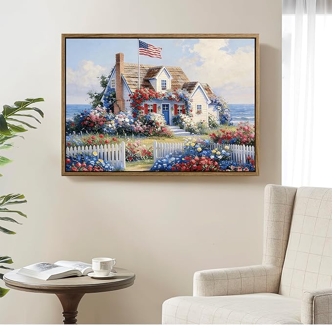 American Flag Framed Canvas Wall Art, 4th of July Patriotic Canvas Prints | Summer Cottage Landscape Poster Print, Vintage Independence Day Wall Decor for Bedroom Living Room Office 16×20in