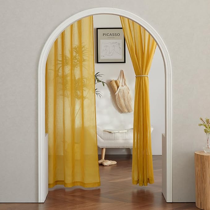 NICETOWN Citrine Linen Curtains 108 inches Long, Grommet Decorative Semi Sheer Gold Curtains Linen Blend Window Drapes Privacy with Light Filtering for Living Room, W52 x L108, 2 Panels