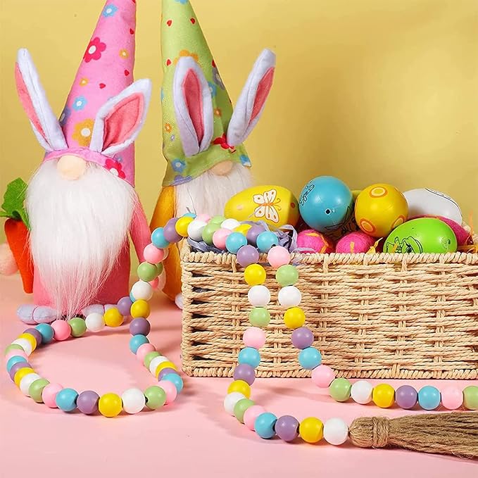 Easter Wood Beads Garland with Tassel, 2 Pack Spring Boho Decor, 34" Long, Pink, Blue, Yellow, Green, Lavender, White Beads, Round Shape