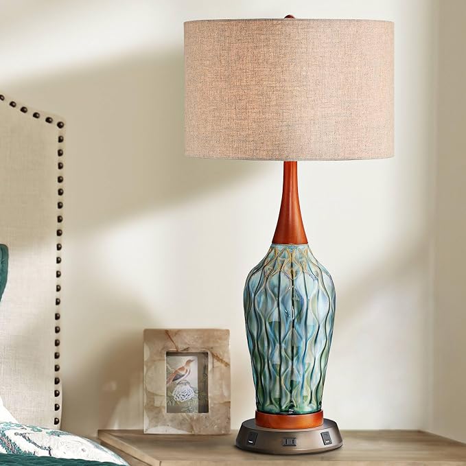 Rocco 30" Large Table Lamp Blue Ceramic USB Workstation Base Handmade