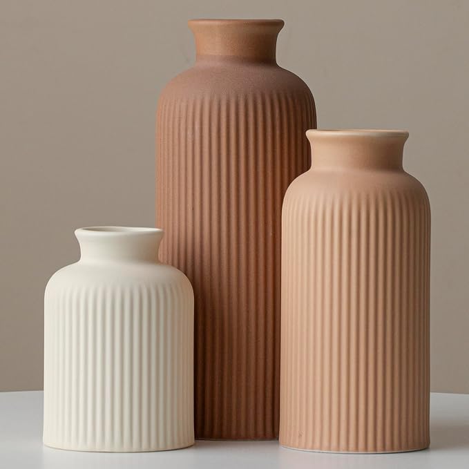 Large Modern Ceramic Vase Set, Coffee Ribbed Matte Design, 3-Piece Decorative Vases for Home, Living Room, Office (XL Coffee Mix)