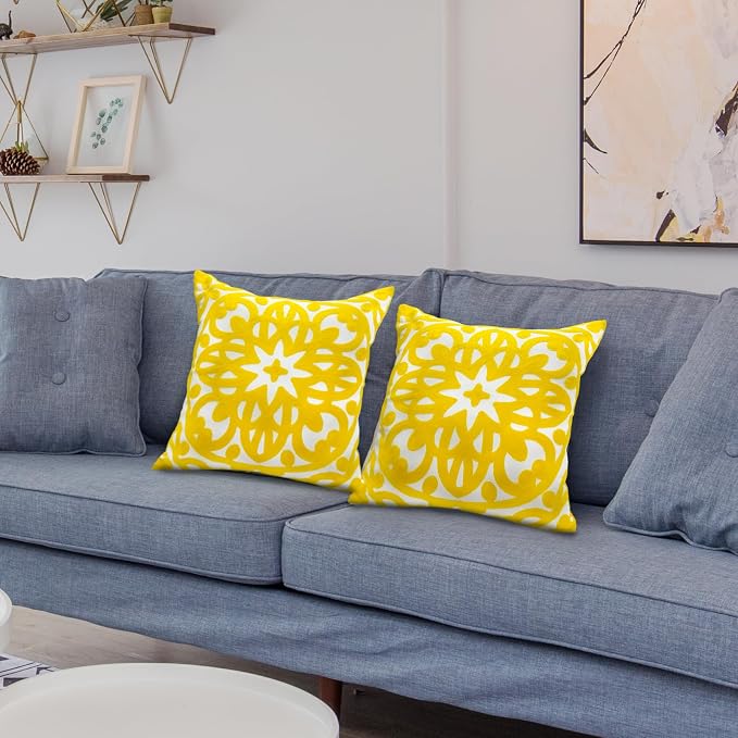 Alysheer Floral Embroidered Spring Decorative Throw Pillow Cover 18"x 18" Set of 2, Boho Mandala Embroidery Yellow Patterned Cushion Case for Sofa Couch Living Room Bedroom Outdoor