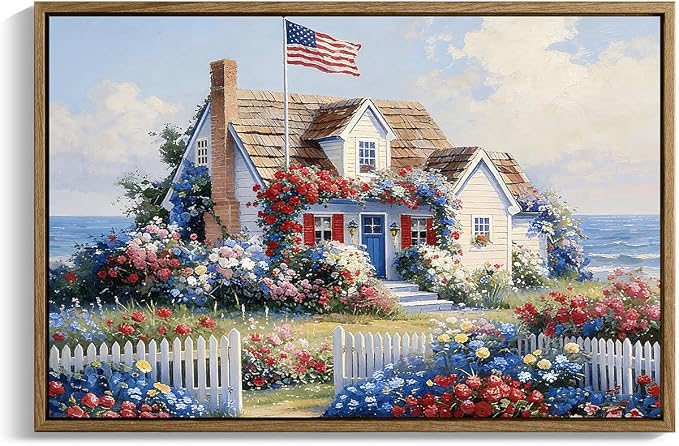 American Flag Framed Canvas Wall Art, 4th of July Patriotic Canvas Prints | Summer Cottage Landscape Poster Print, Vintage Independence Day Wall Decor for Bedroom Living Room Office 16×20in