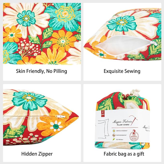 Magpie Fabrics Pack of 2 Outdoor Waterproof Throw Pillow Covers 18 x 18 Inch, Decorative Cushion Sham Pillowcase Shell for Garden Patio Balcony(Embry Red Hibiscus)