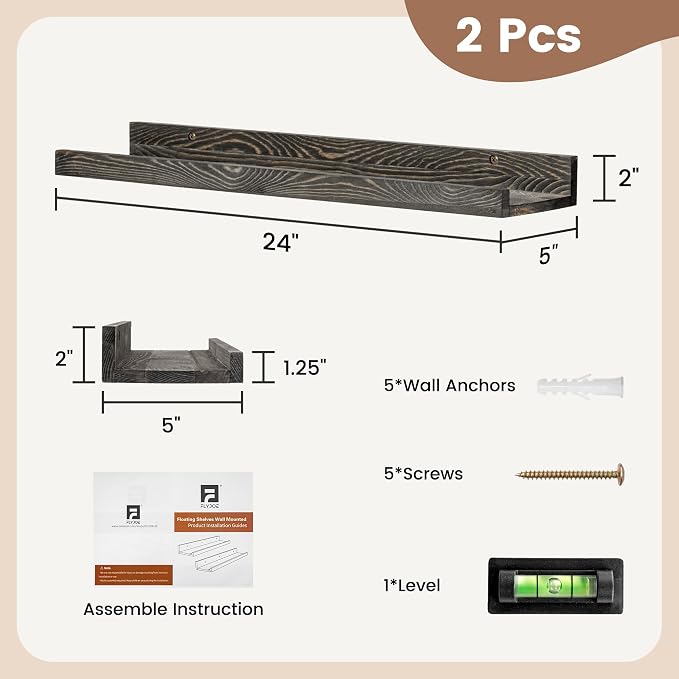 FLYJOE 24 Inches Floating Shelves for Wall, Solid Pine Wood Picture Ledge Shelves, Wall Shelves with Lips, Nursery Book Shelves for Toys Storage Living Room Bedroom Photo Frames (2 Pcs, Grey)