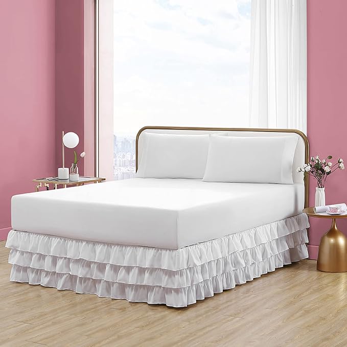 Betsey Johnson - Twin Bedskirt, 3-Tier Ruffle Sttyle with 15” Drop, Easy to Pair with Matching Bedding Sets (Solid White)