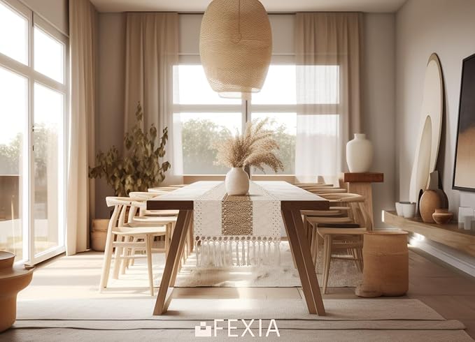 FEXIA Boho Table Runner for Fall Home Decor 12x48 Rustic with Tassels | 48 Inches Long Farmhouse Kitchen Dining Room Macrame Burlap Coffee Table Decoration Dresser Runner Pottery Barn Furniture