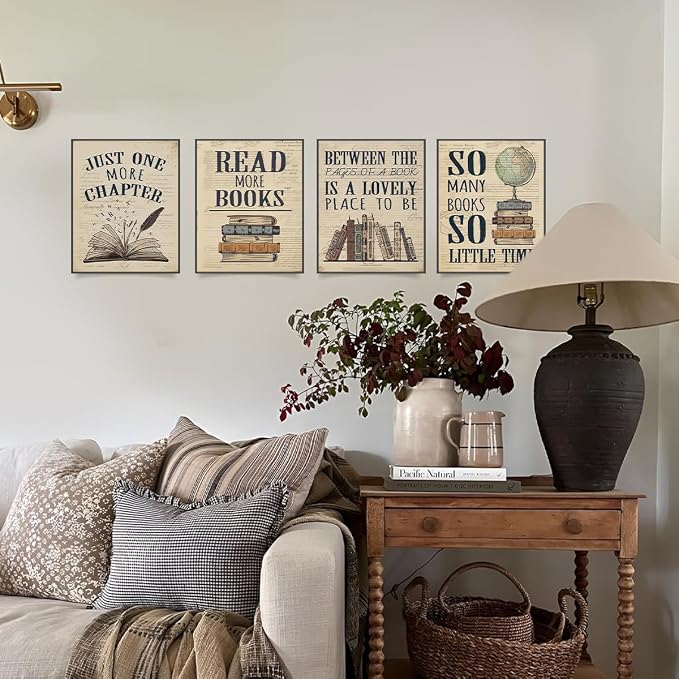 PLKMN Vintage Reading Posters for Library,Bookish Gifts | Book Club Decorations,Vintage Book Wall Art 8x10,Wall Decor for Reading Nook High School Classroom,Set of 4 Unframed