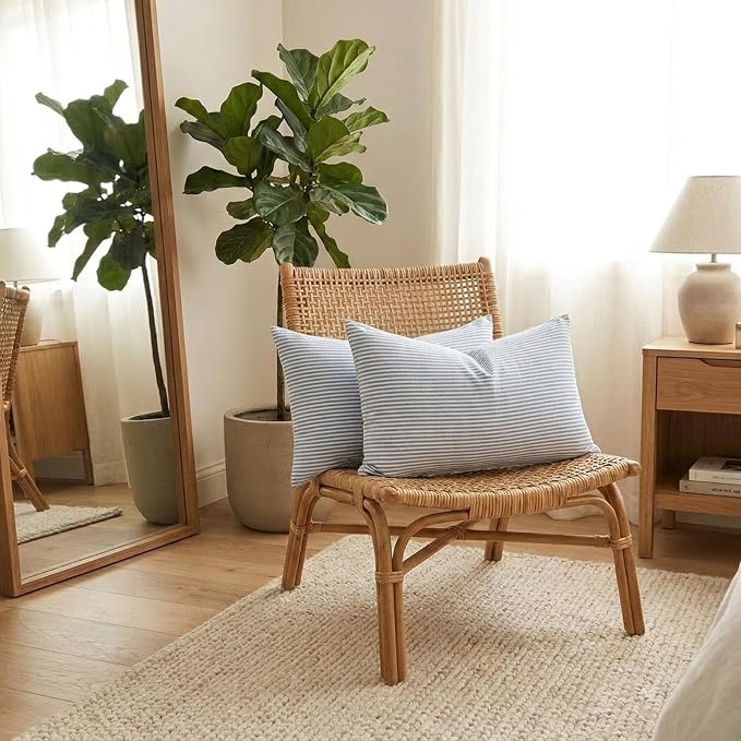 Farmhouse Light Dusty Blue Striped Lumbar Pillow Covers 12x20 Set of 2 | Soft Couch Lumbar Pillow Cover 12 x 20, Blue Aesthetic Room Decor, Outdoor Porch Patio Pillows, Neutral Throw Pillow Covers