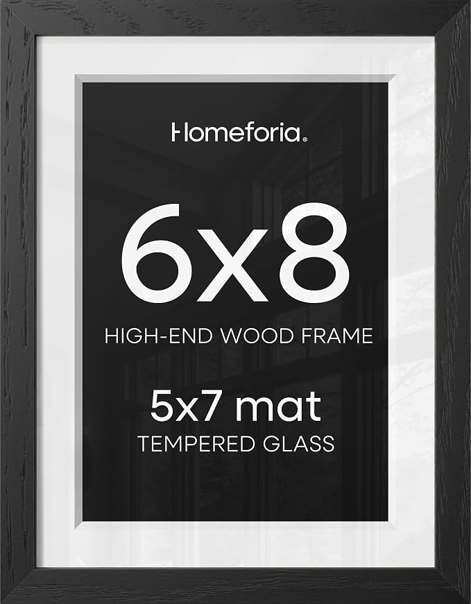 Homeforia 6x8 Black Oak Picture Frame, High-End Wood, 5x7 Mat, Glass
