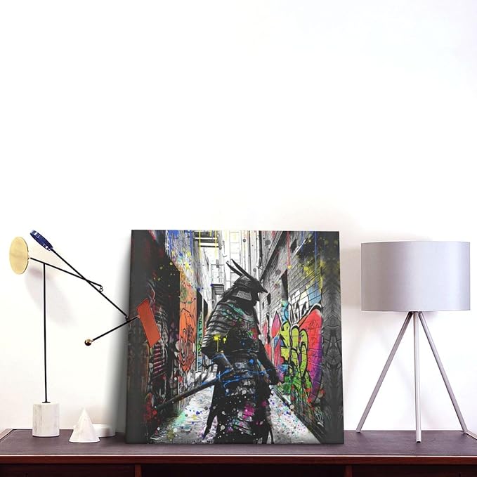 Wesluin 16"x16" Graffiti Samurai Canvas – Colorful Anime Japanese Wall Art | Urban warrior explodes from neon graffiti alley. Melding anime flair & street edge. Hook included, ready to hang.