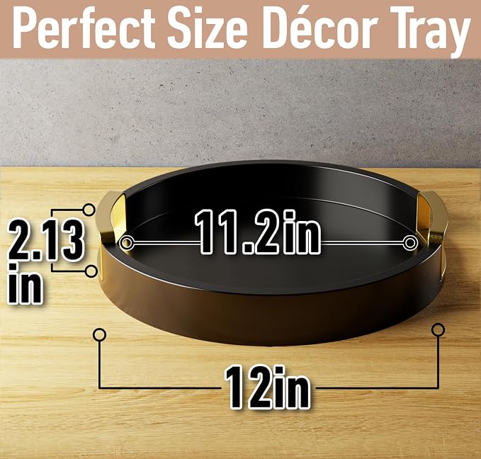 Round Decorative Tray, 12" Wooden Round Black Tray with Gold Metal Handles
