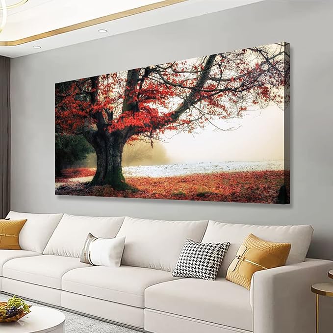 Stunning Nature Landscape Wall Art - 28x57 inches Canvas Artwork of Sunrise Forest Scenery with Red Leaves. Perfect Wall Decoration for Living Room, Bedroom and More