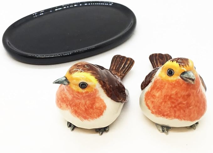 WitnyStore Tiny 3¼" Long Couple of Robin Bird Salt Pepper Shaker Figurines - Miniature Hand Made Ceramic Birds Aves Colorful Porcelain Feathered Animals Cute Decorative Collectible Figures Décor Gifts