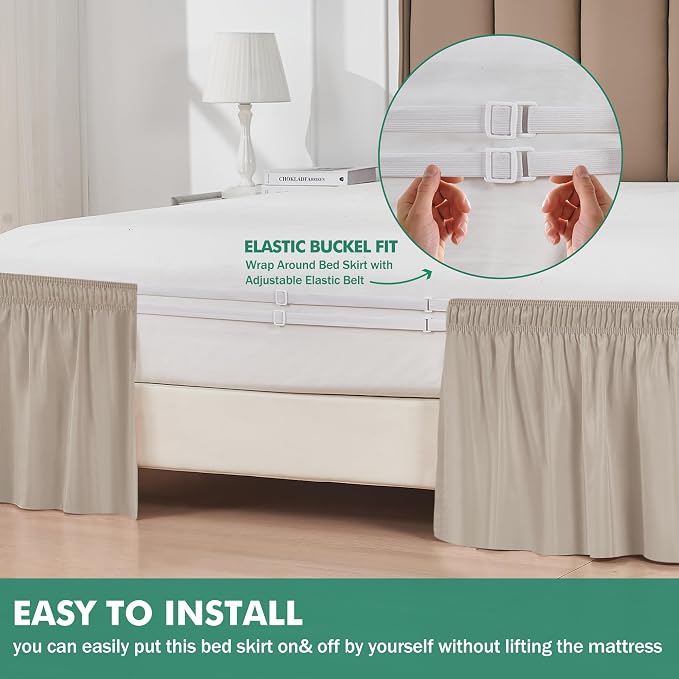 Wrap Around King Size Bed Skirt Split Corner 17" Drop-Elastic Dust Ruffle | Light Camel Adjustable Pleated Bedskirt-Easy Fit Wrinkle Resistant Washable Bed Skirting-Master Guest Bedroom Couples Hotels