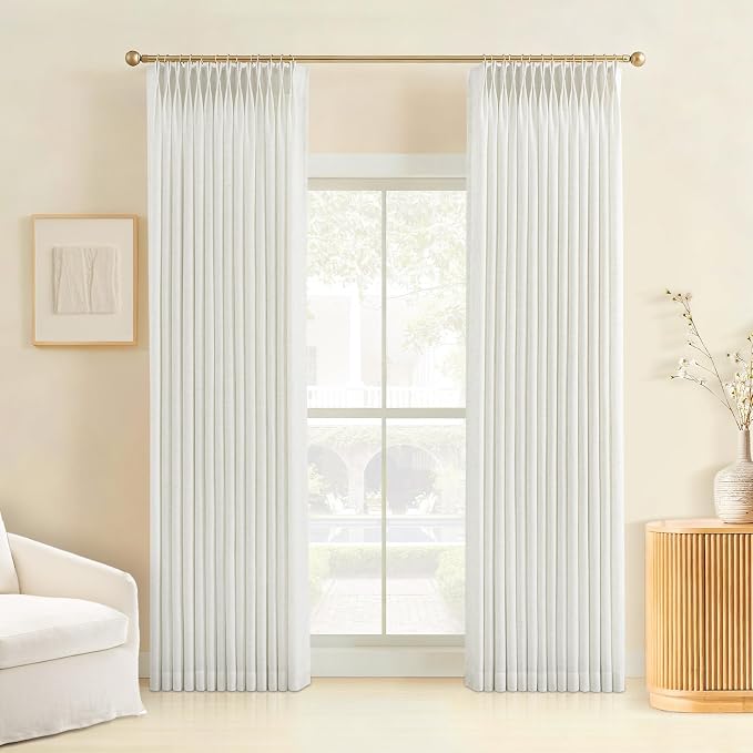 Liz Pinch Pleated Linen Curtains for Living Room, Light Filtering Curtains 108 Inches Long, Farmhouse Window Curtains for Bedroom, Modern Drapes with Hooks and Rings, White, 2 Panels Set
