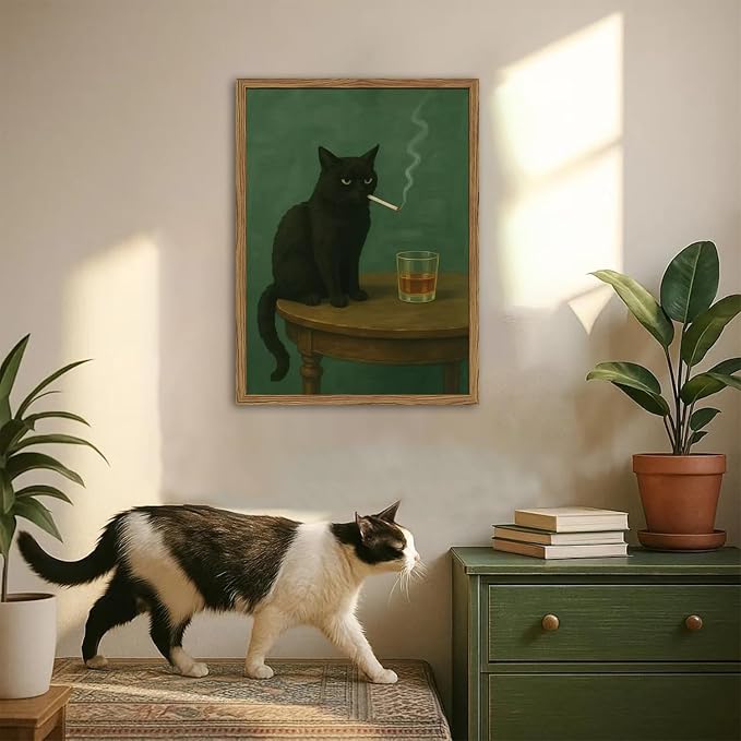 Moody Black Cat Wall Art, Funny Smoking Cat with Whiskey Wall Decor Painting Dark Humor Animal Bar Cart Poster Canvas Prints for Living Room Bedroom 16x24 inch Wood Framed