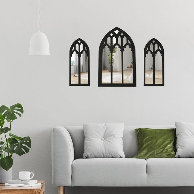 3 Pcs Gothic Arched Window Wall Mirror Set, Cathedral Arched Mirror Decor, Self-Adhesive Wall Mount for Living Room, Bedroom, Bathroom, Vanity, Entryway (31-B Model, Black)