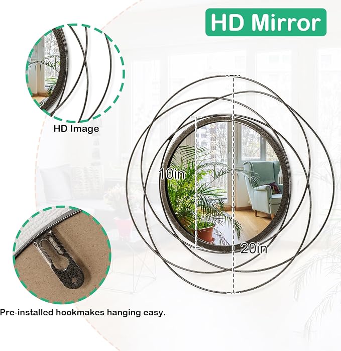 Wall Mirror Mounted Round Decorative Mirrors with Iron Metal Wire Frame Mirror for Wall, Home Decorative Bathroom Vanity, Living Room or Bedroom Large 20”