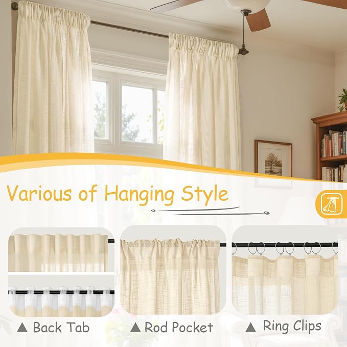 YoungsTex Linen Cafe Curtains, 34 X 40 Inch Long Small Window Drapes | Semi Sheer with Rod Pocket Back Tab Lightweight Rustic for Kitchen Over Sink, Beige, 2 Panles Set