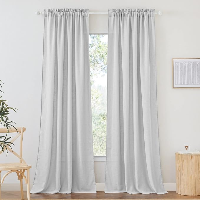 RYB HOME Privacy Sheer Curtains 95 inches Long for Living Room | Linen Textured, Semi Sheer, Rod Pocket, Linen Blend Fabric, Privacy Protected Panels, Dove Grey, W52 x L95, 1 Pair