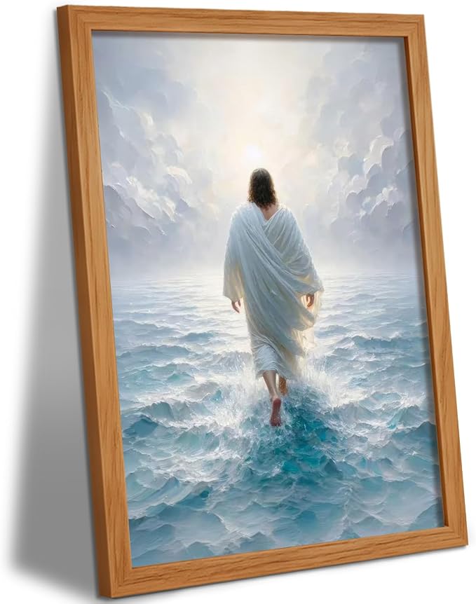 AUUAUU Jesus Walks on Water Wall Art Christian Canvas Painting 16x24 Inches