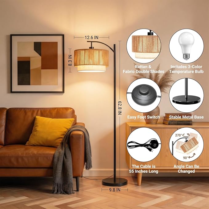 TJOY Arc Floor Lamp for Living Room, Boho Rattan & Fabric Shades