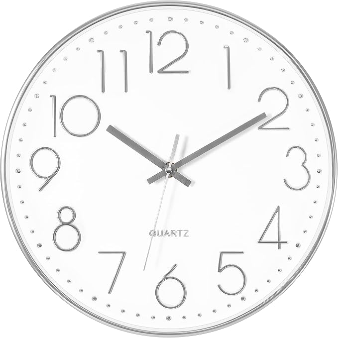 Foxtop Large 14" Wall Clock Silent Battery Operated Clock, Silver | Non-Ticking, Round, Analog Clock, Quartz, Easy to Read, Living Room, Bedroom, Kitchen, Office